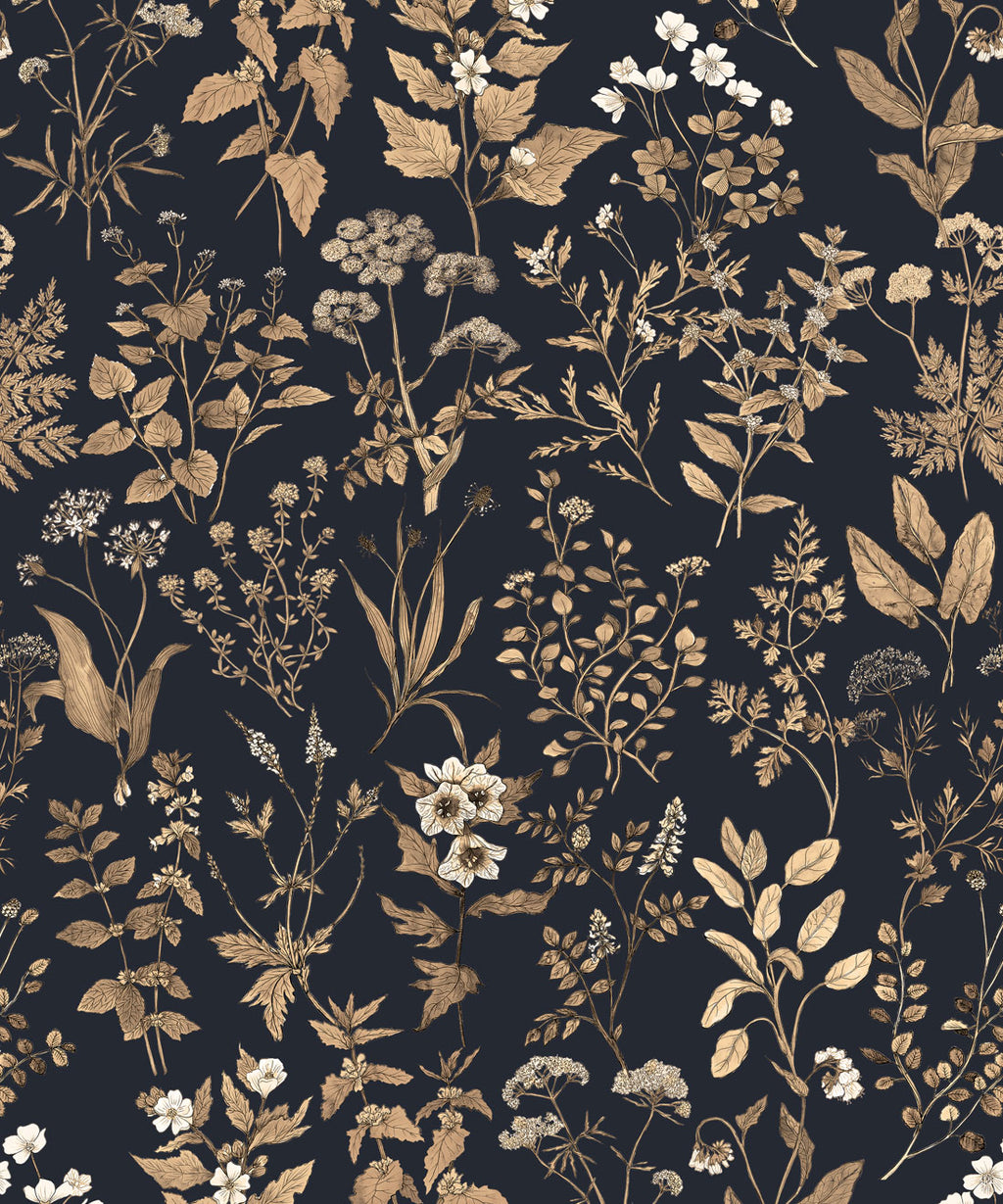 Herbarium Antique Wallpaper, Dark Navy