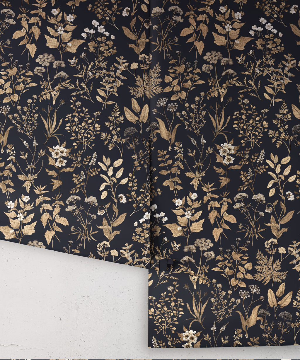 Herbarium Antique Wallpaper, Dark Navy