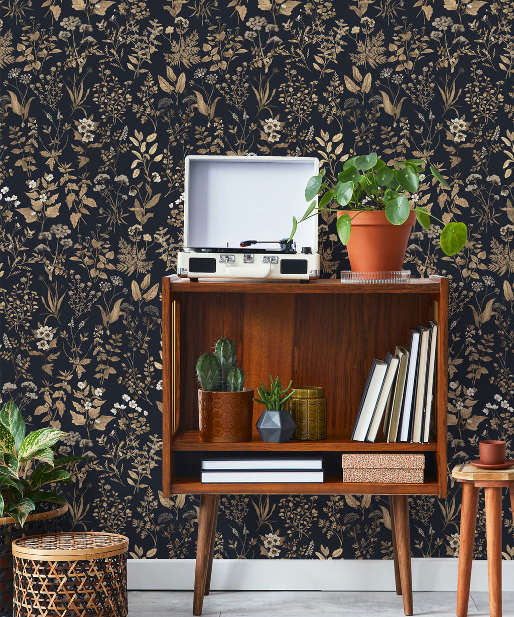Herbarium Antique Wallpaper, Dark Navy