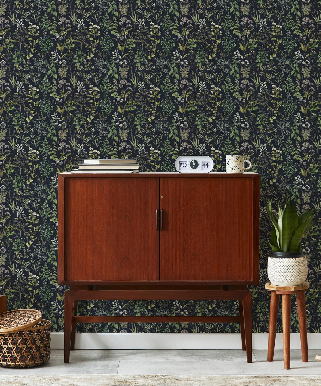 Garden Herbs Wallpaper, Dark Navy