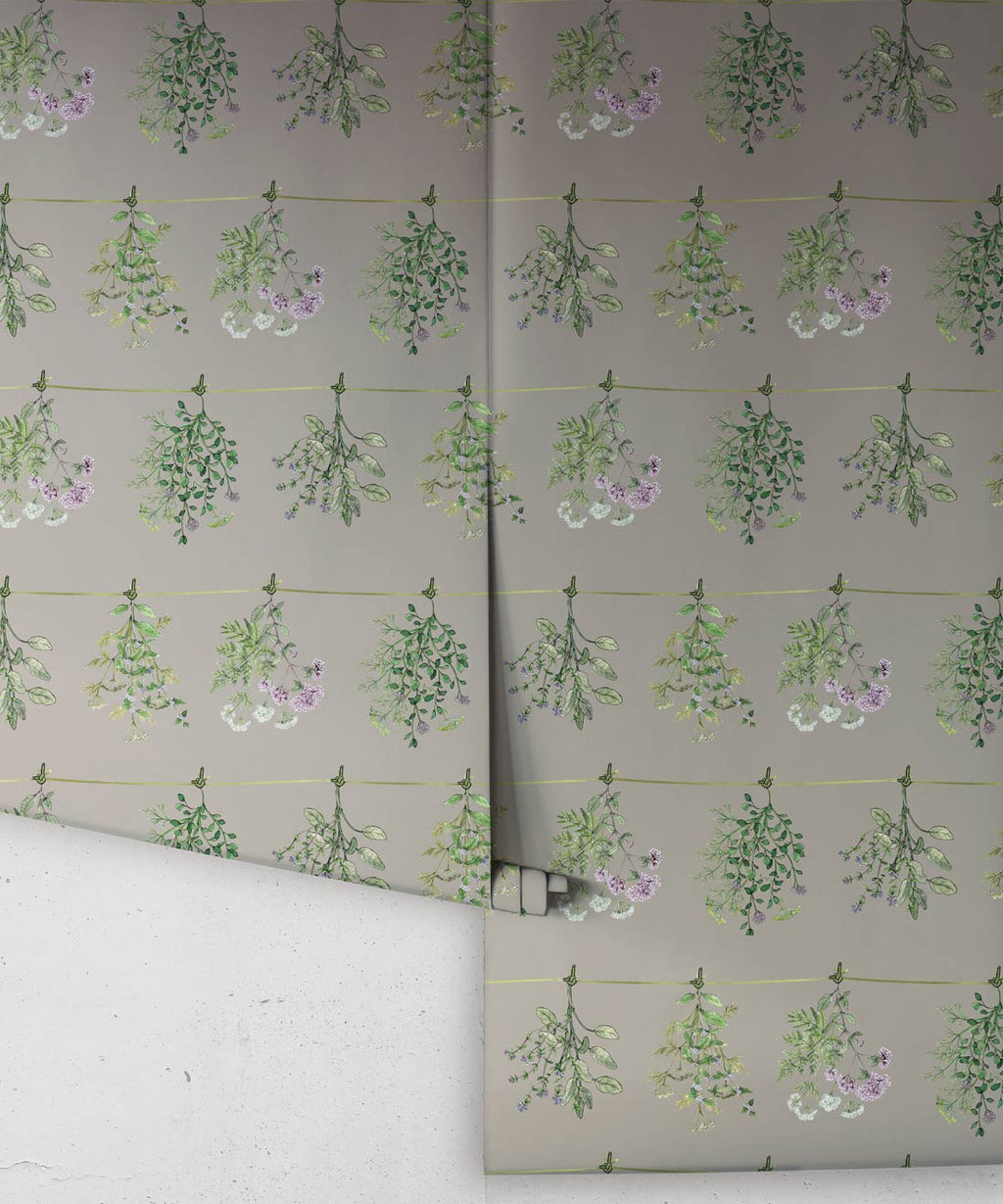Dried Herbs Wallpaper, Sage Grey