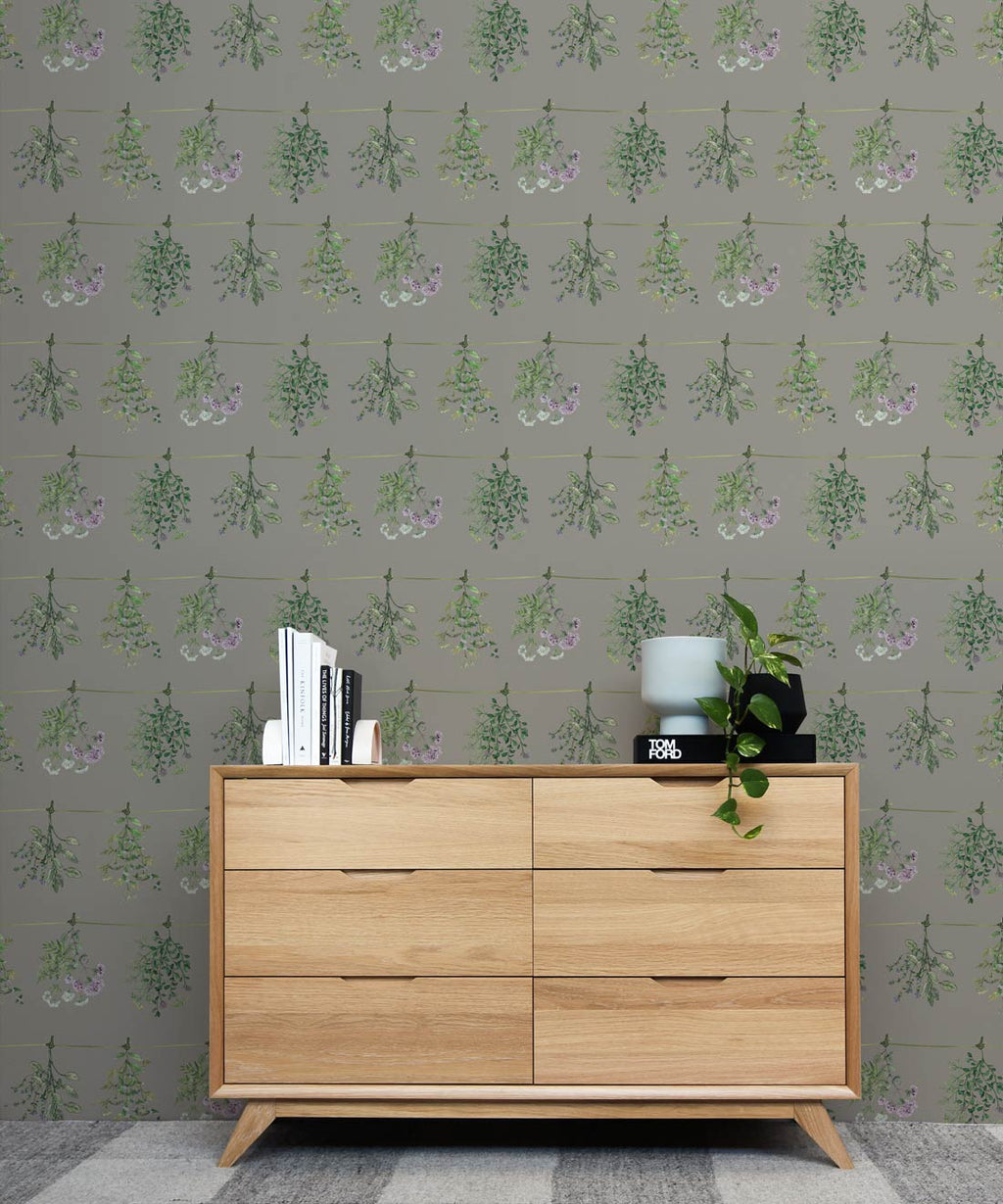 Dried Herbs Wallpaper, Sage Grey