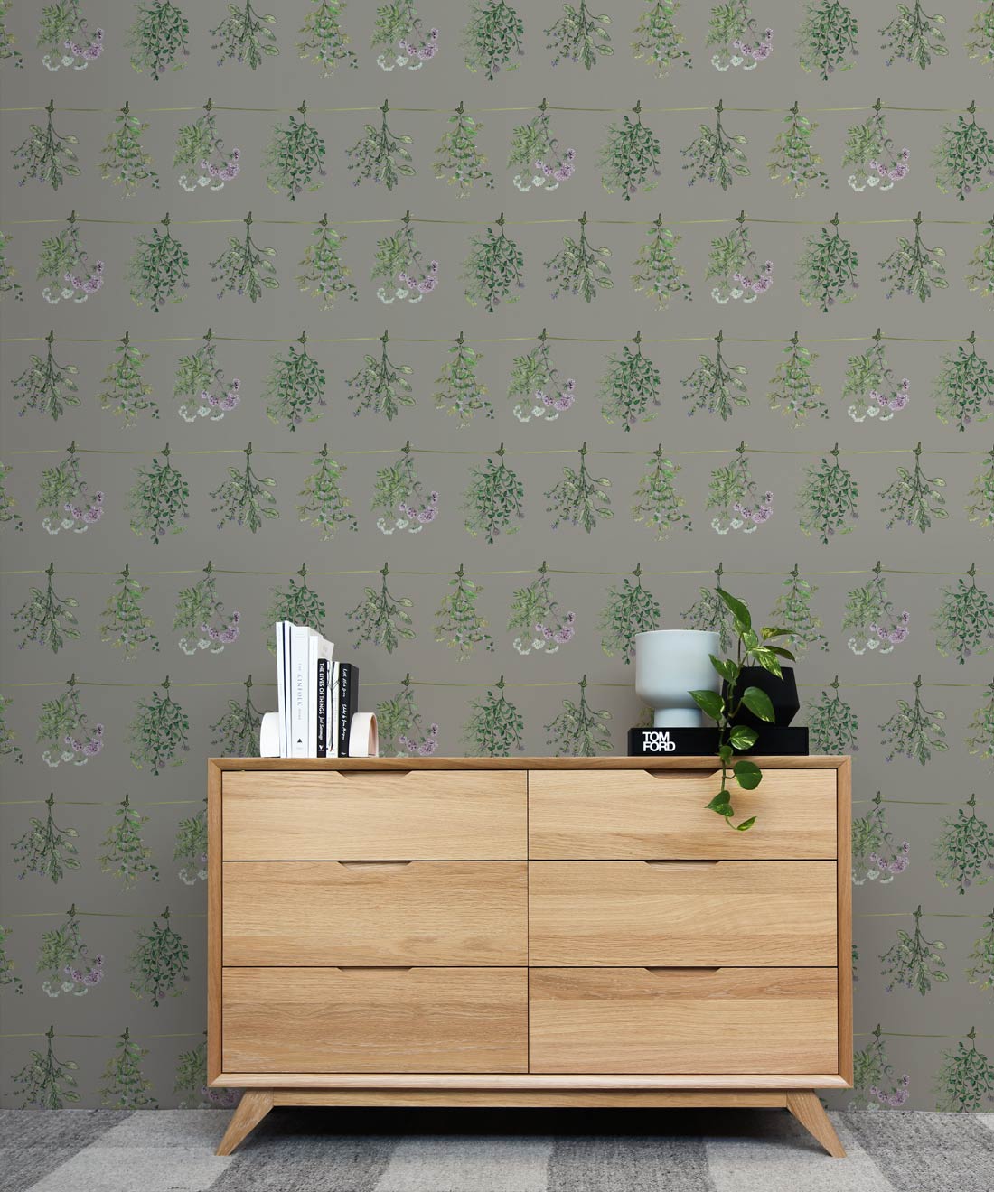 Dried Herbs Wallpaper, Sage Grey