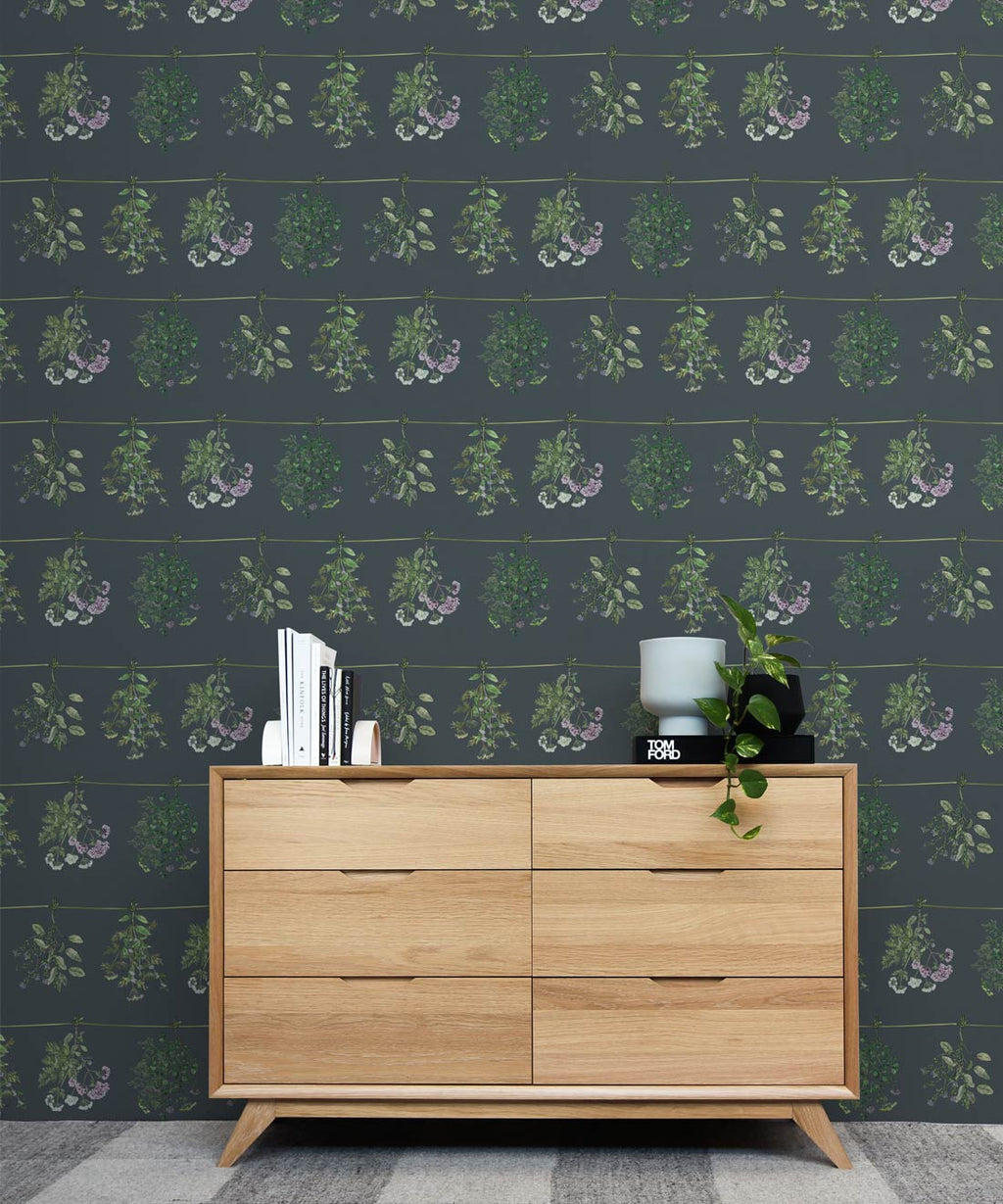 Dried Herbs Wallpaper, Slate Gray