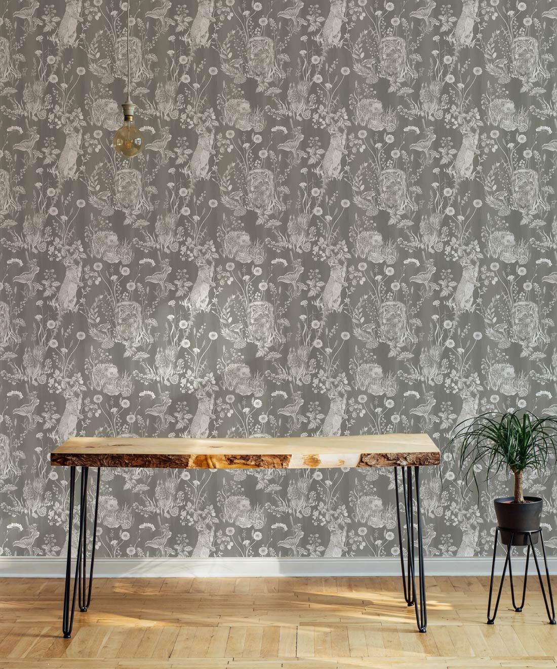 Woodland Friends Wallpaper, Gray
