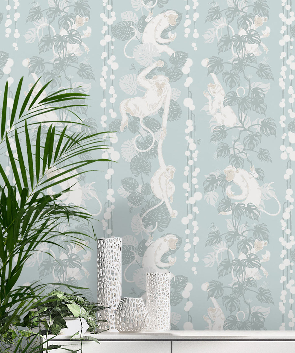 5 Monkeys Wallpaper, Soft Blue