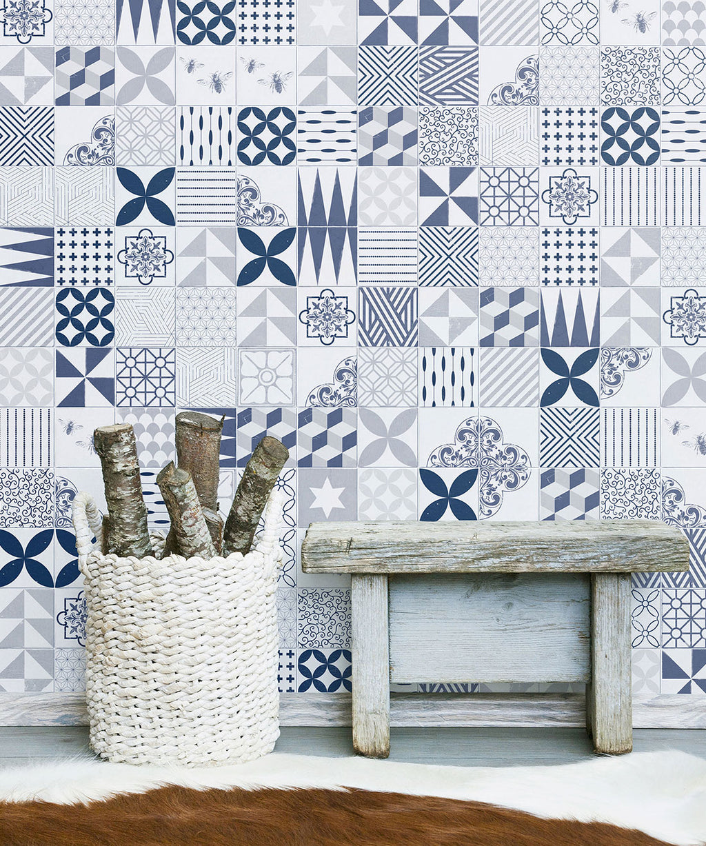 Cement Tiles Wallpaper, Blue