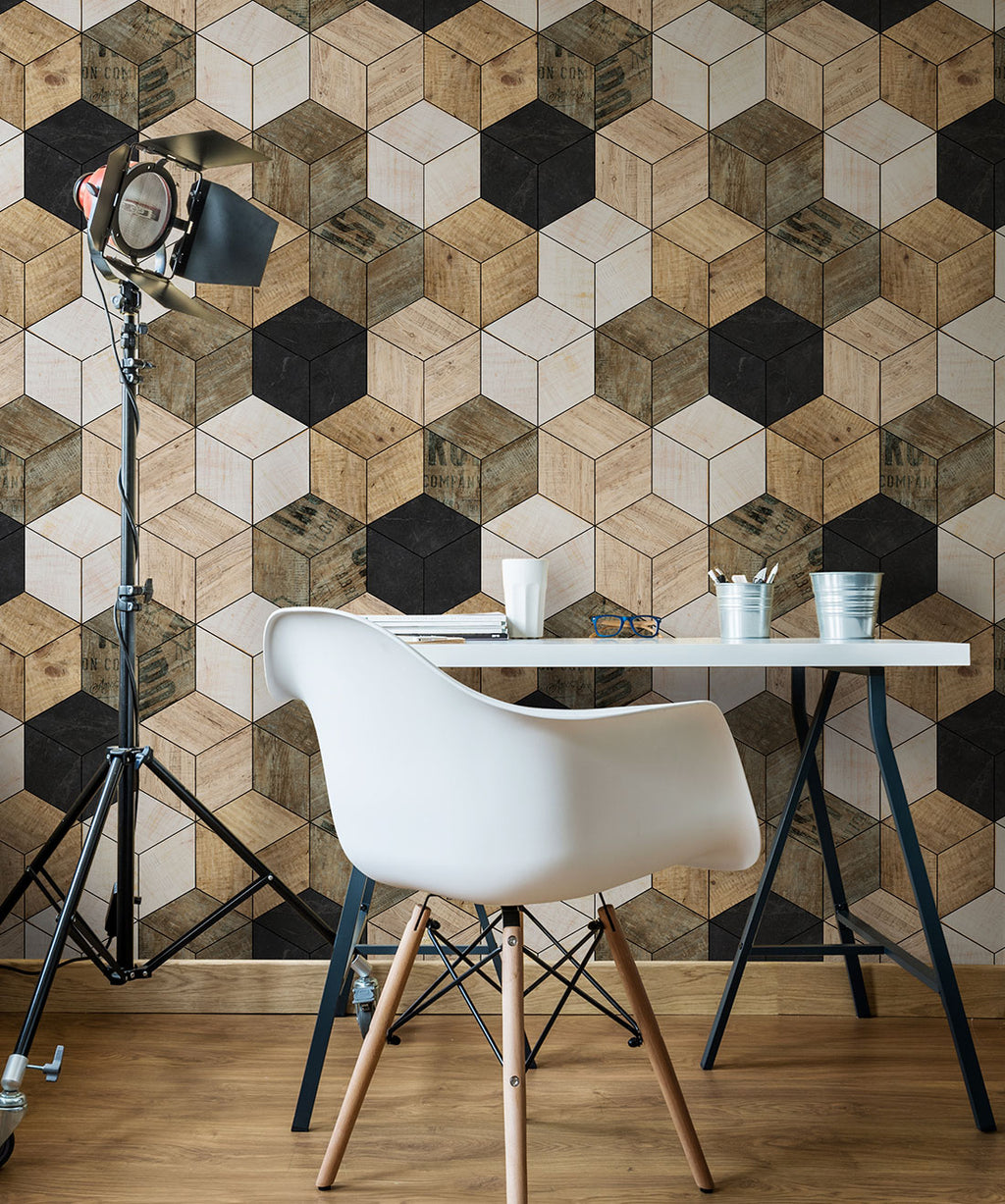 Geometric Timber Cube Wallpaper