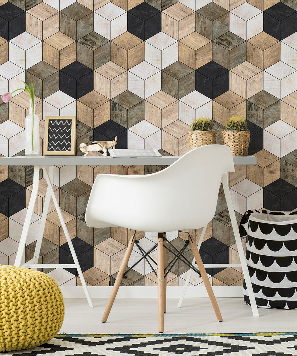Geometric Timber Cube Wallpaper