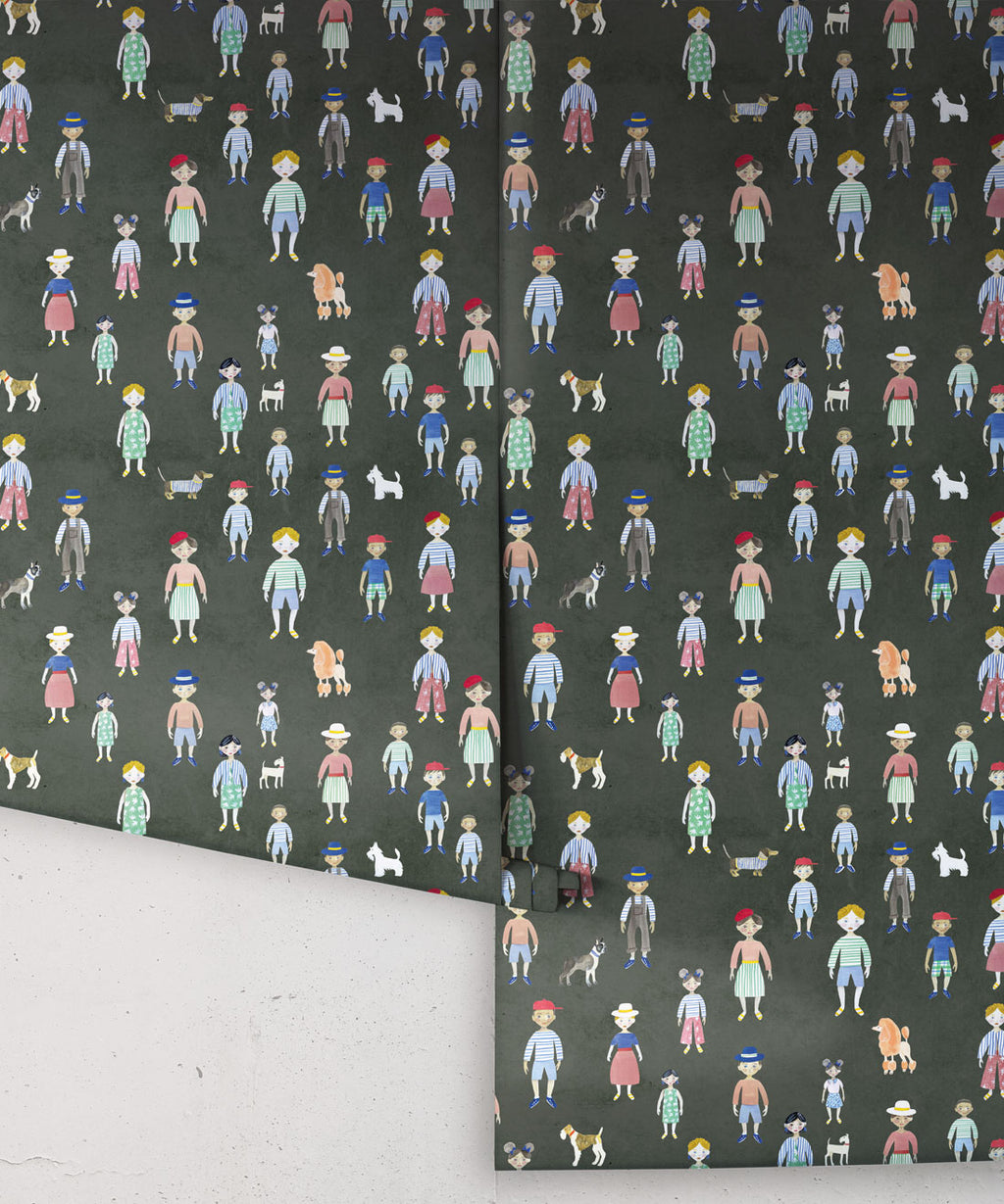 Paper Dolls Wallpaper, Charcoal
