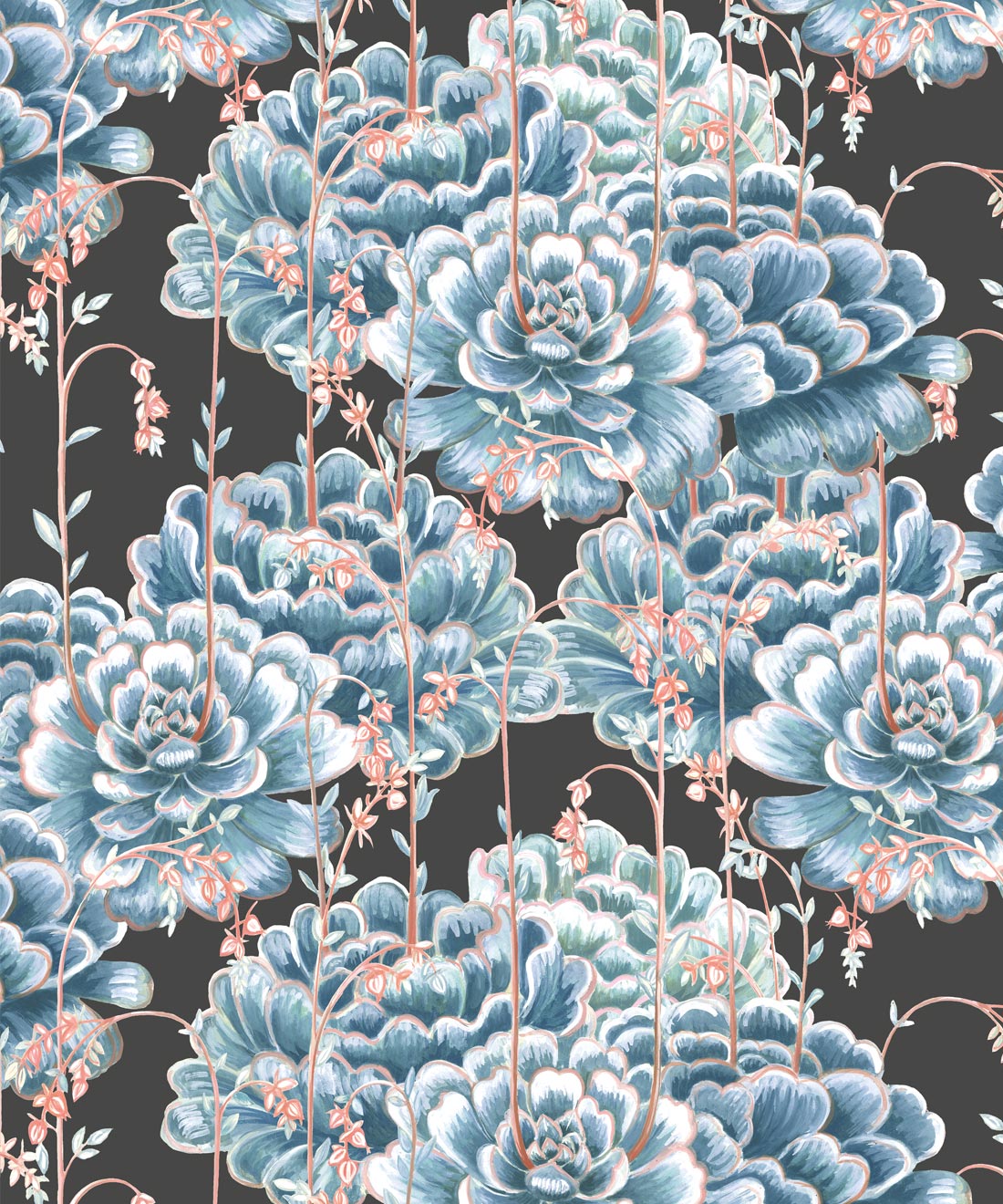 Succulents Wallpaper, Blue Charcoal