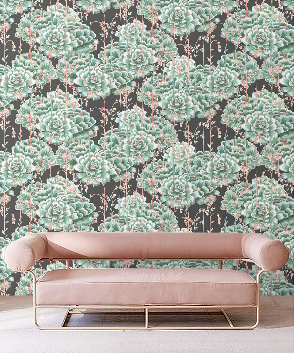 Succulents Wallpaper, Green Charcoal