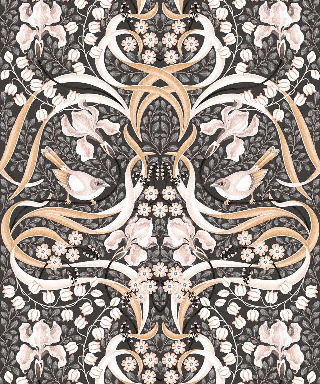 Bellbirds & Iris Wallpaper, Black Marble