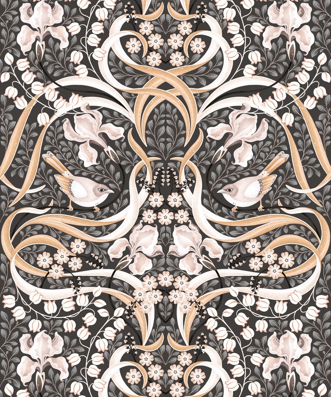 Bellbirds & Iris Wallpaper, Black Marble