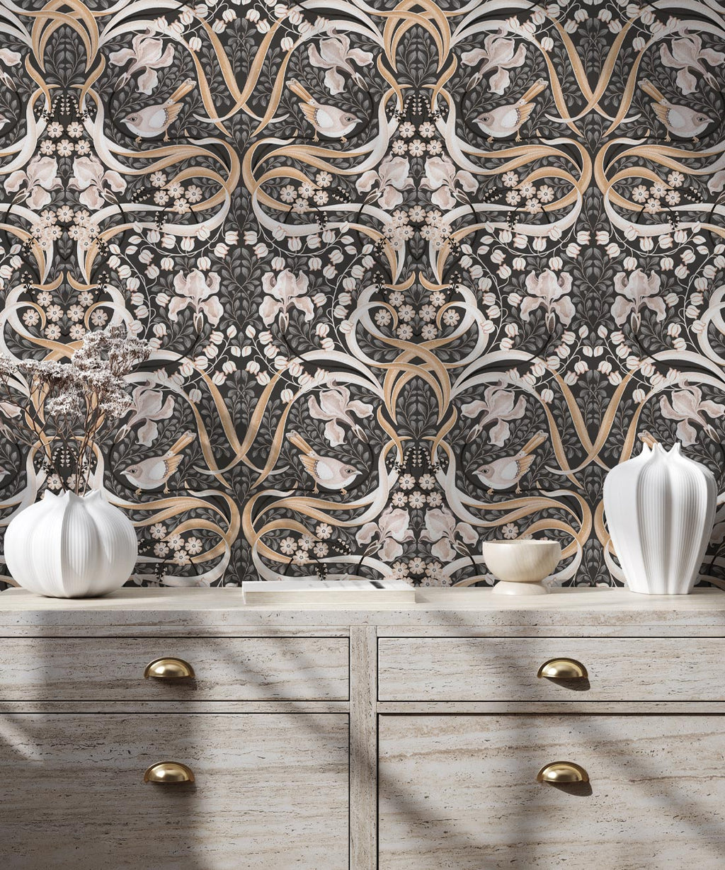 Bellbirds & Iris Wallpaper, Black Marble