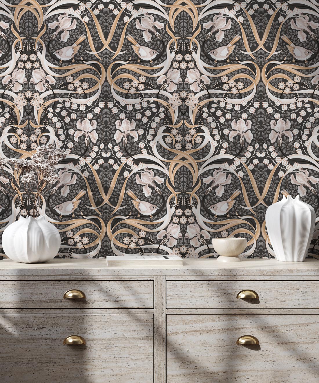 Bellbirds & Iris Wallpaper, Black Marble