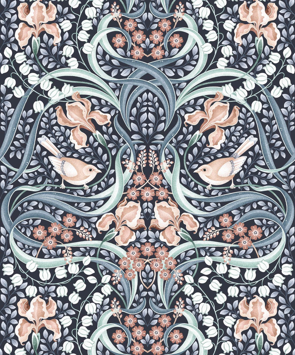 Bellbirds & Iris Wallpaper, Blue Hydrangea