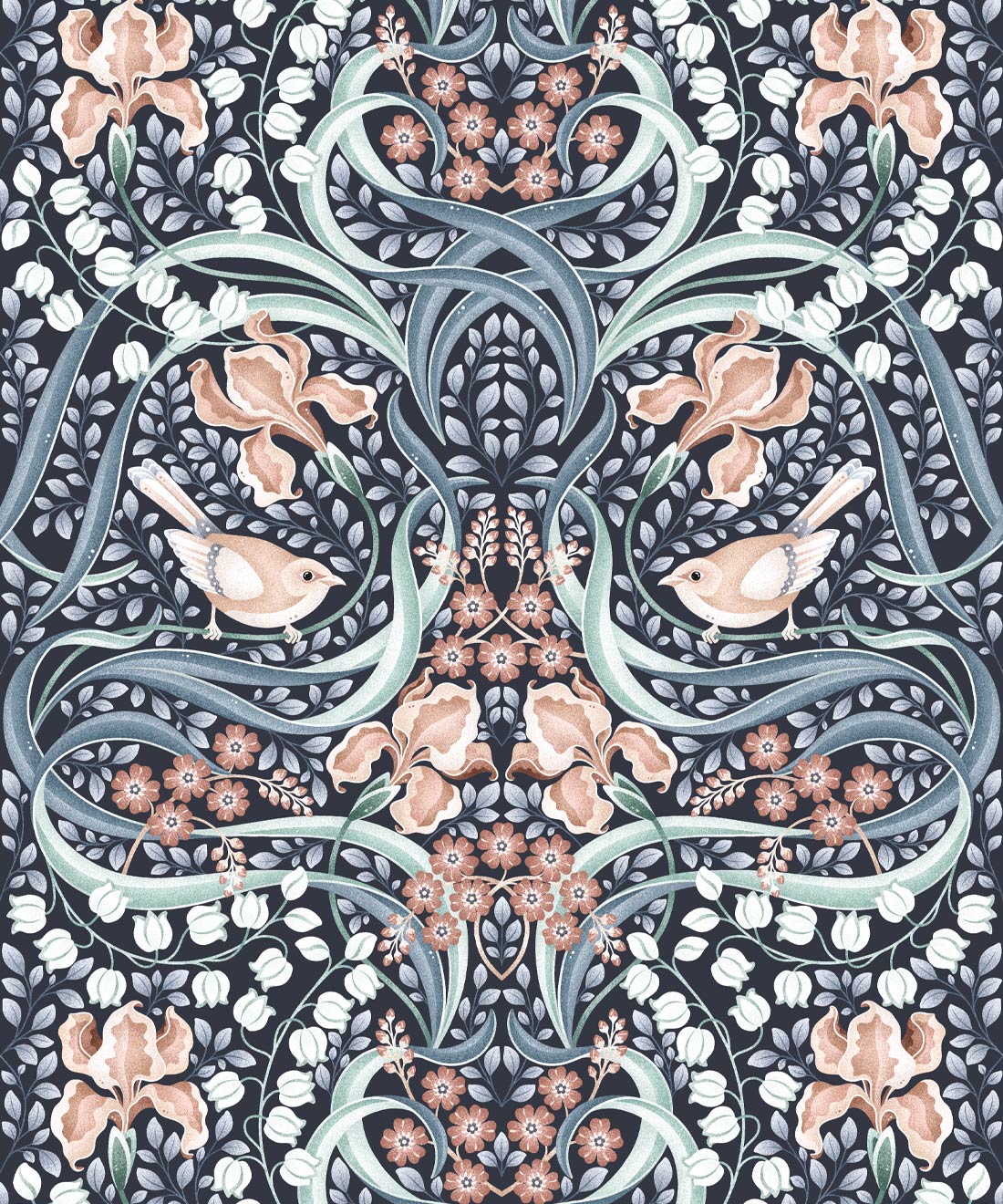 Bellbirds & Iris Wallpaper, Blue Hydrangea