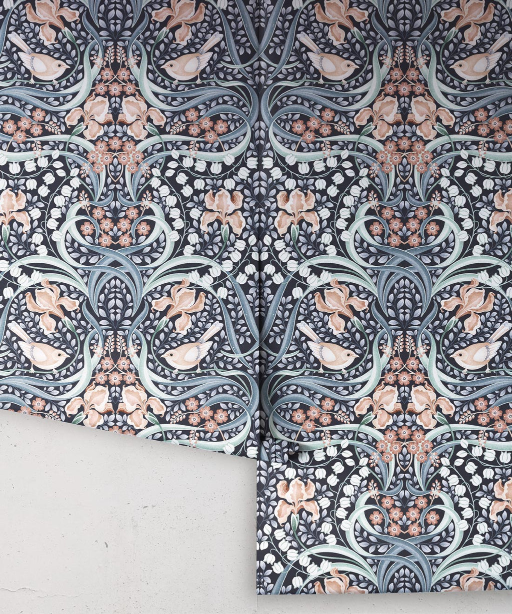 Bellbirds & Iris Wallpaper, Blue Hydrangea