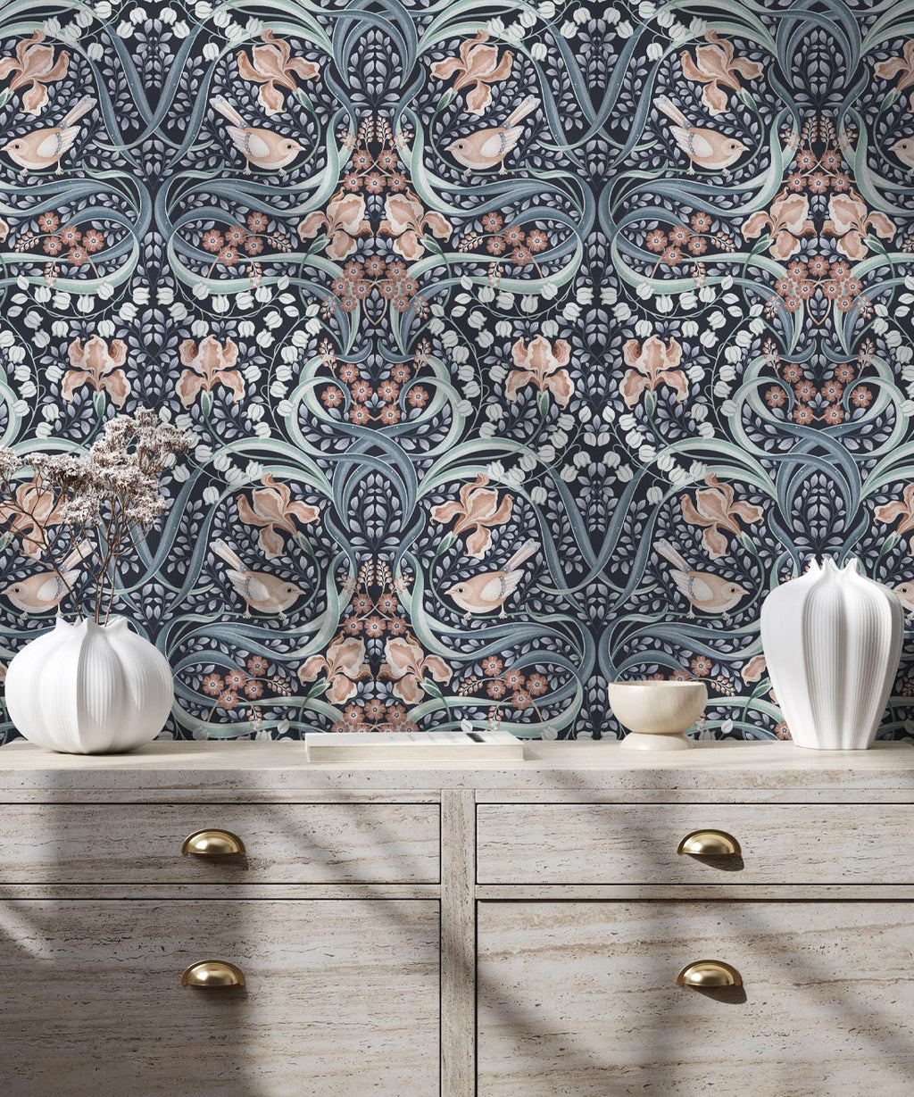 Bellbirds & Iris Wallpaper, Blue Hydrangea