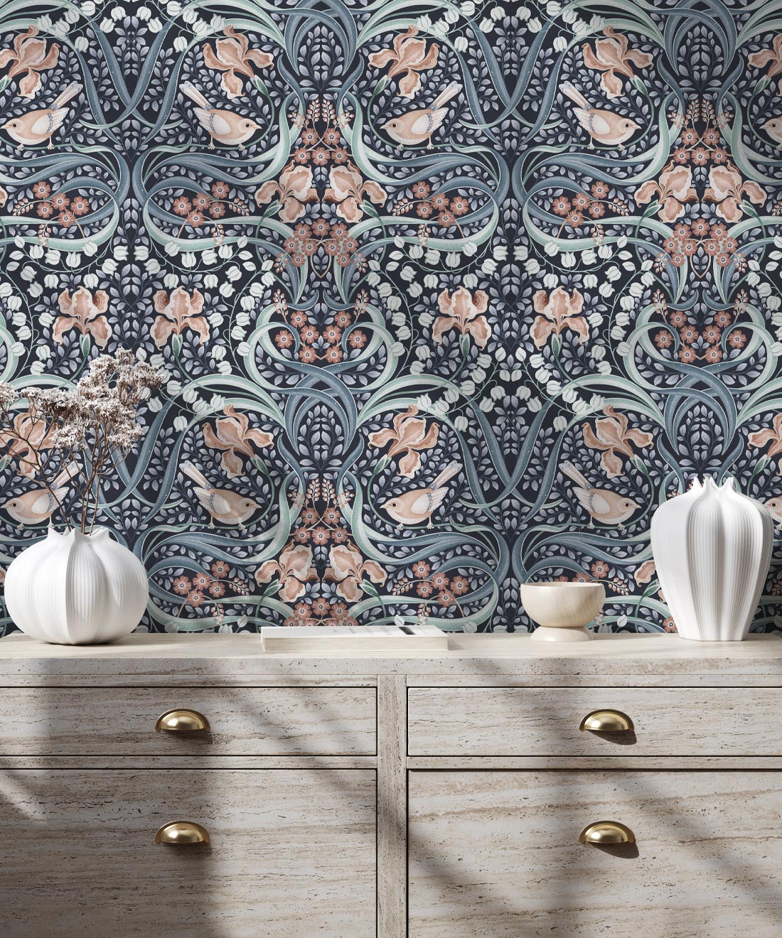 Bellbirds & Iris Wallpaper, Blue Hydrangea