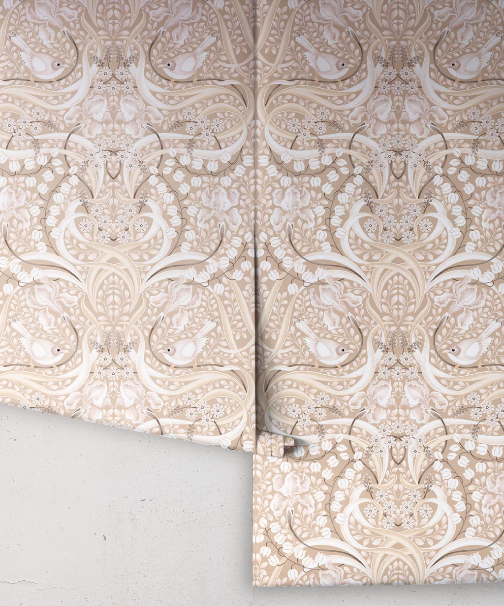 Bellbirds & Iris Wallpaper, Caffe Latte