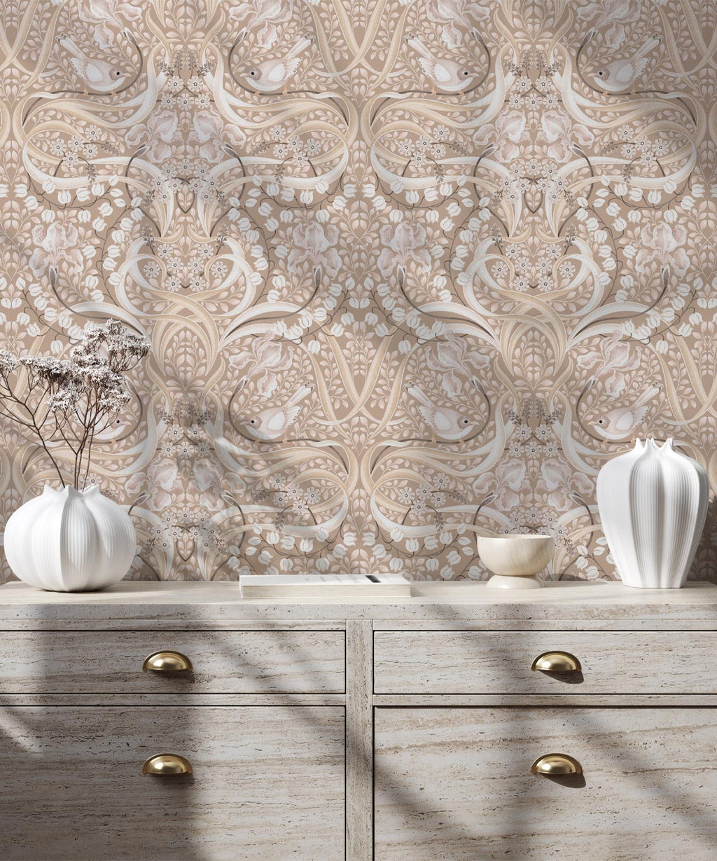 Bellbirds & Iris Wallpaper, Caffe Latte