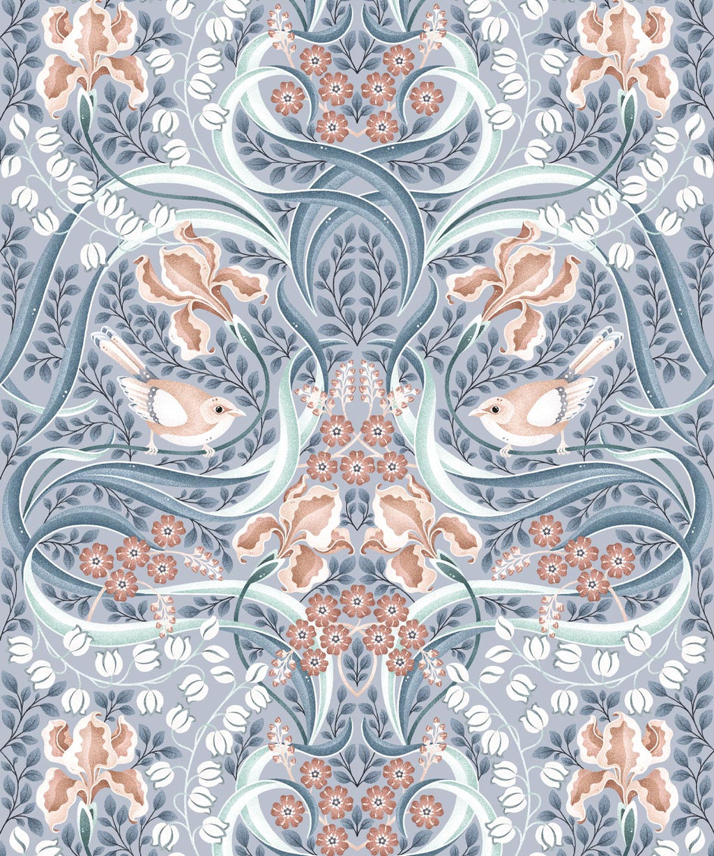 Bellbirds & Iris Wallpaper, Dusty Blue