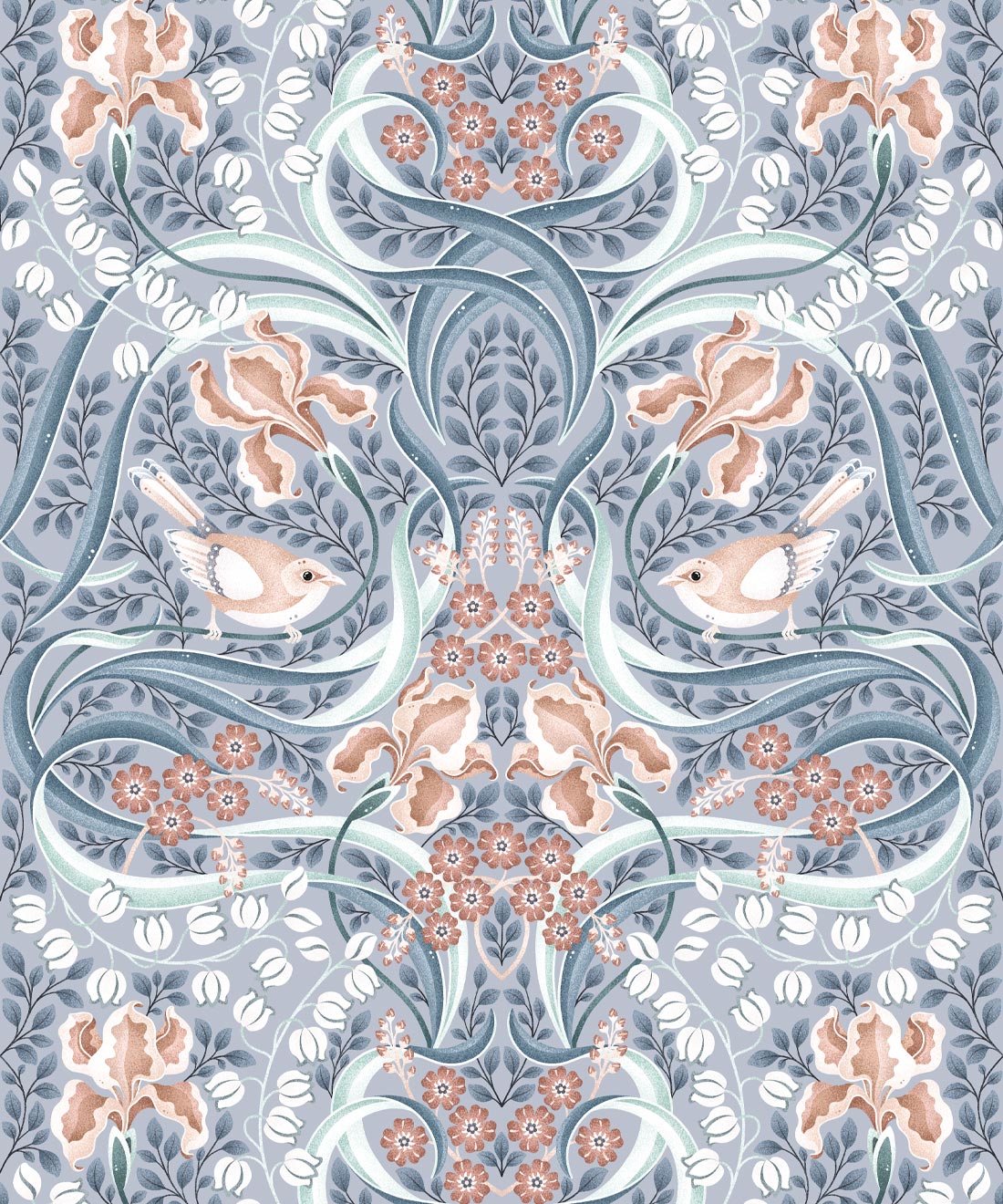 Bellbirds & Iris Wallpaper, Dusty Blue