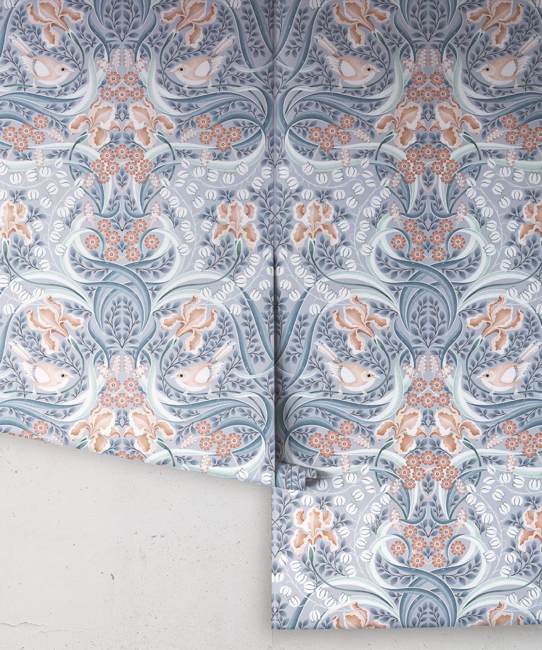 Bellbirds & Iris Wallpaper, Dusty Blue