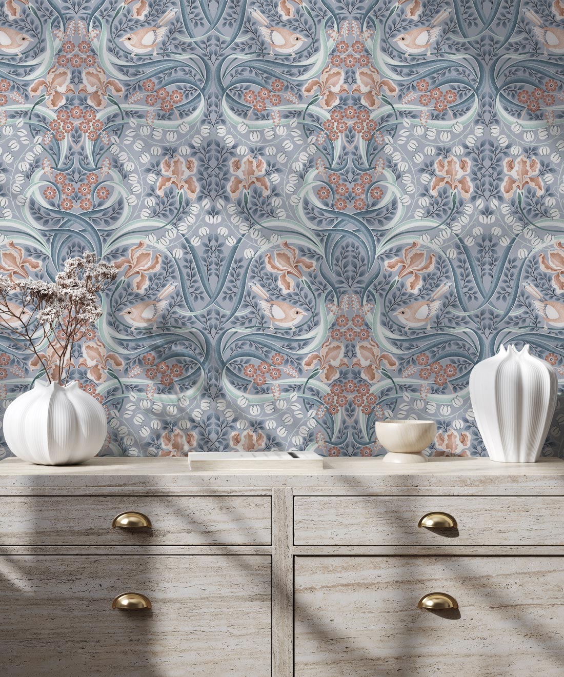 Bellbirds & Iris Wallpaper, Dusty Blue