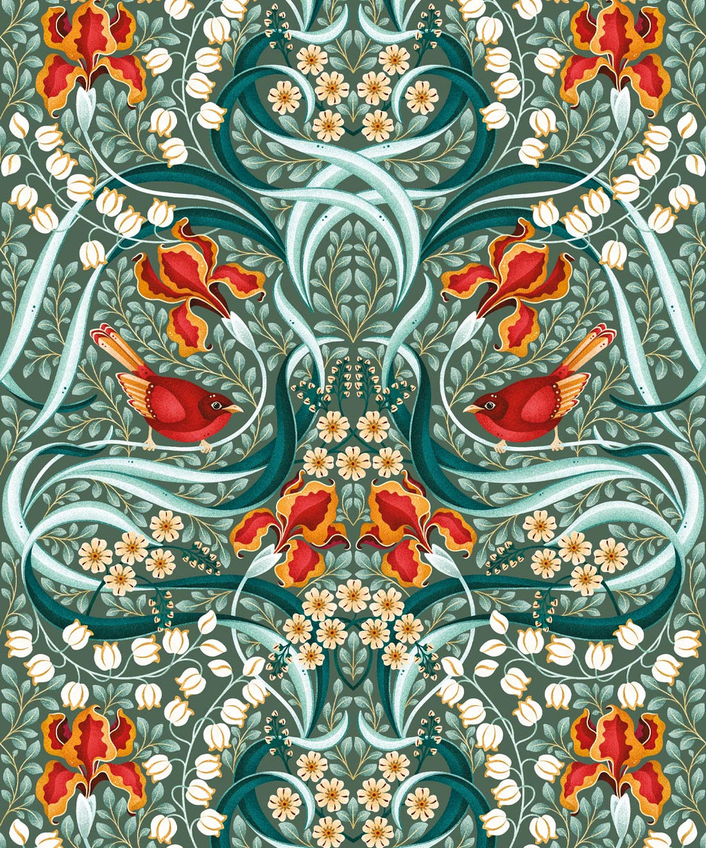 Bellbirds & Iris Wallpaper, Emerald