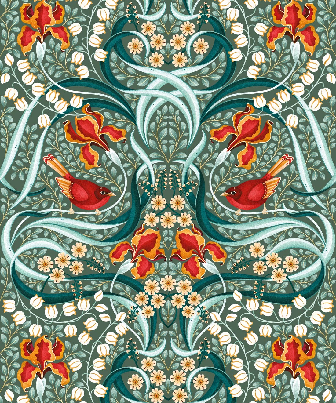 Bellbirds & Iris Wallpaper, Emerald