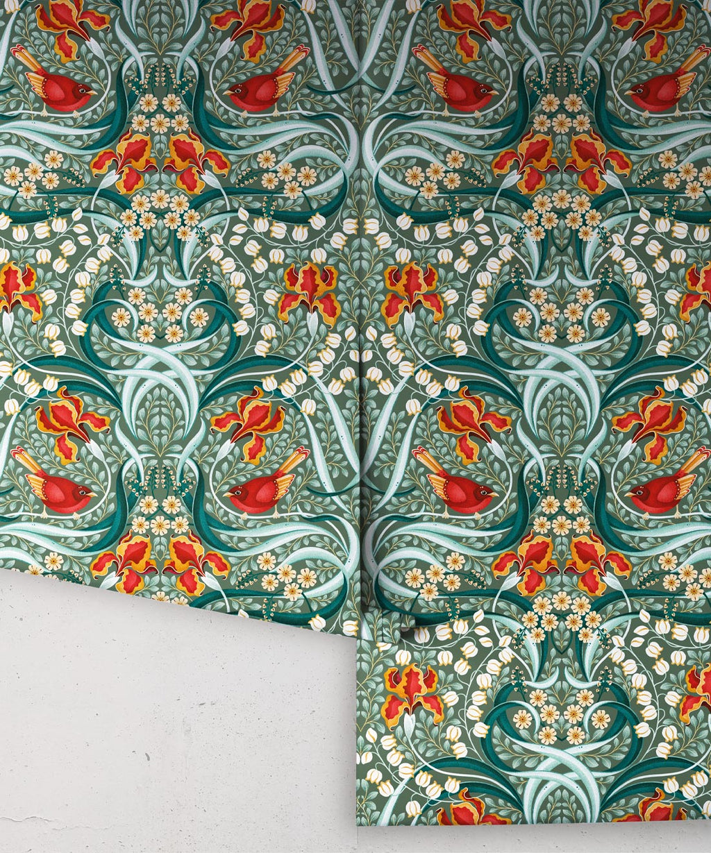 Bellbirds & Iris Wallpaper, Emerald
