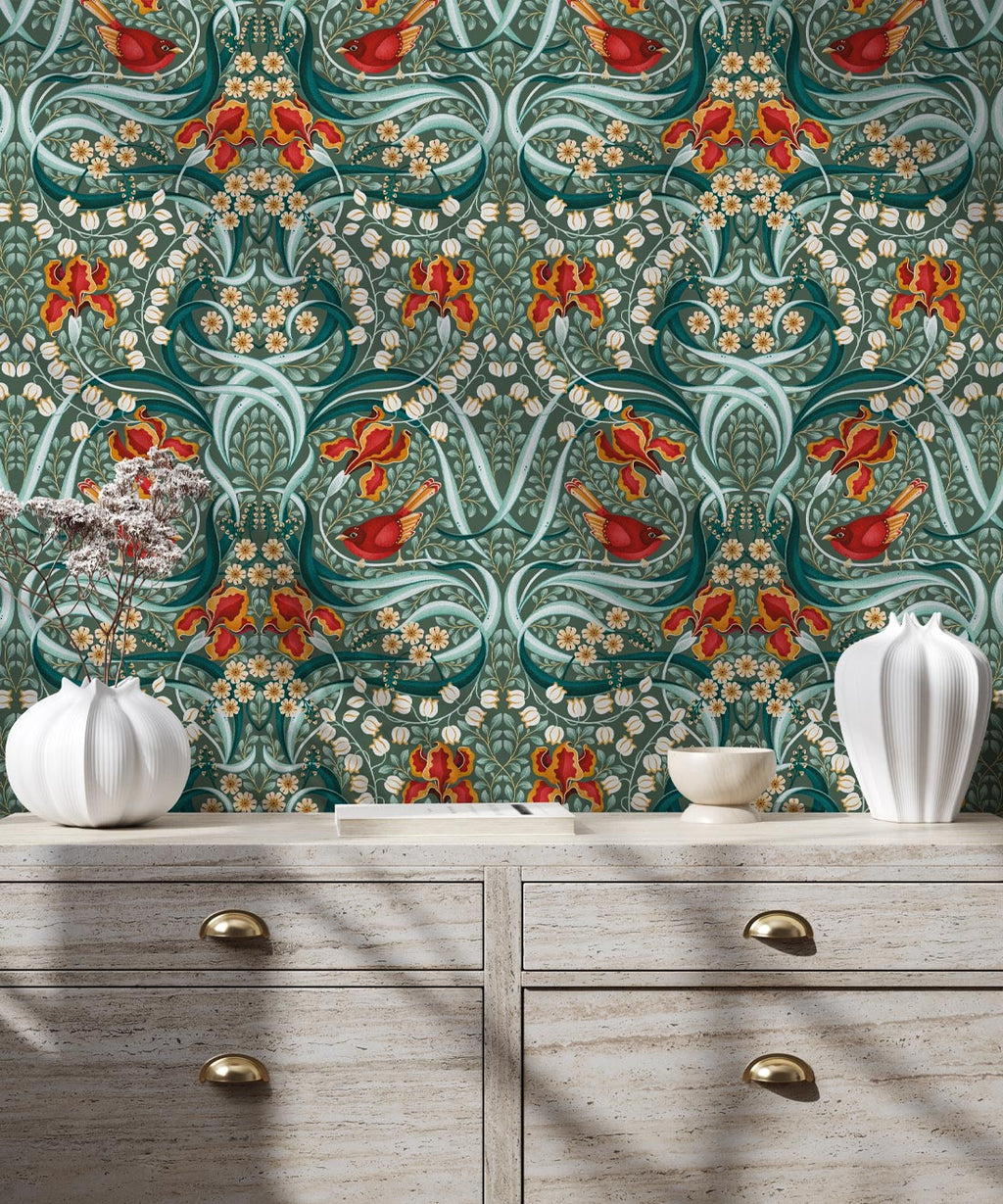 Bellbirds & Iris Wallpaper, Emerald