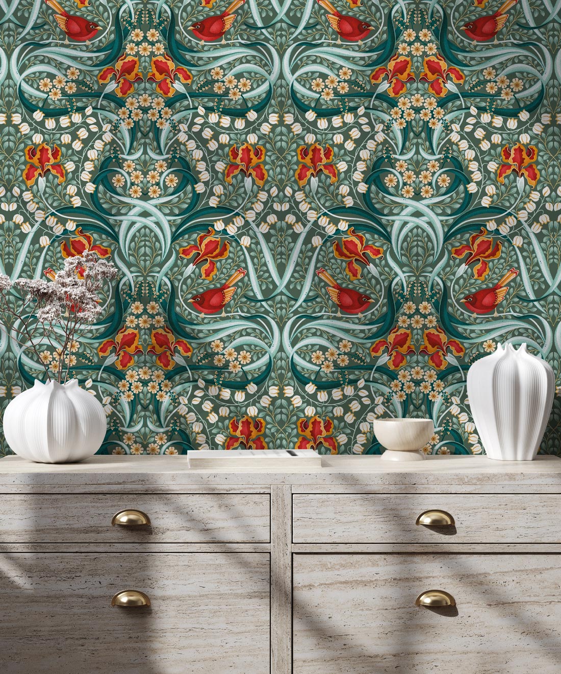 Bellbirds & Iris Wallpaper, Emerald