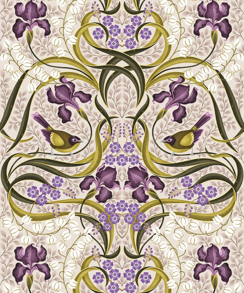Bellbirds & Iris Wallpaper, French Lavender