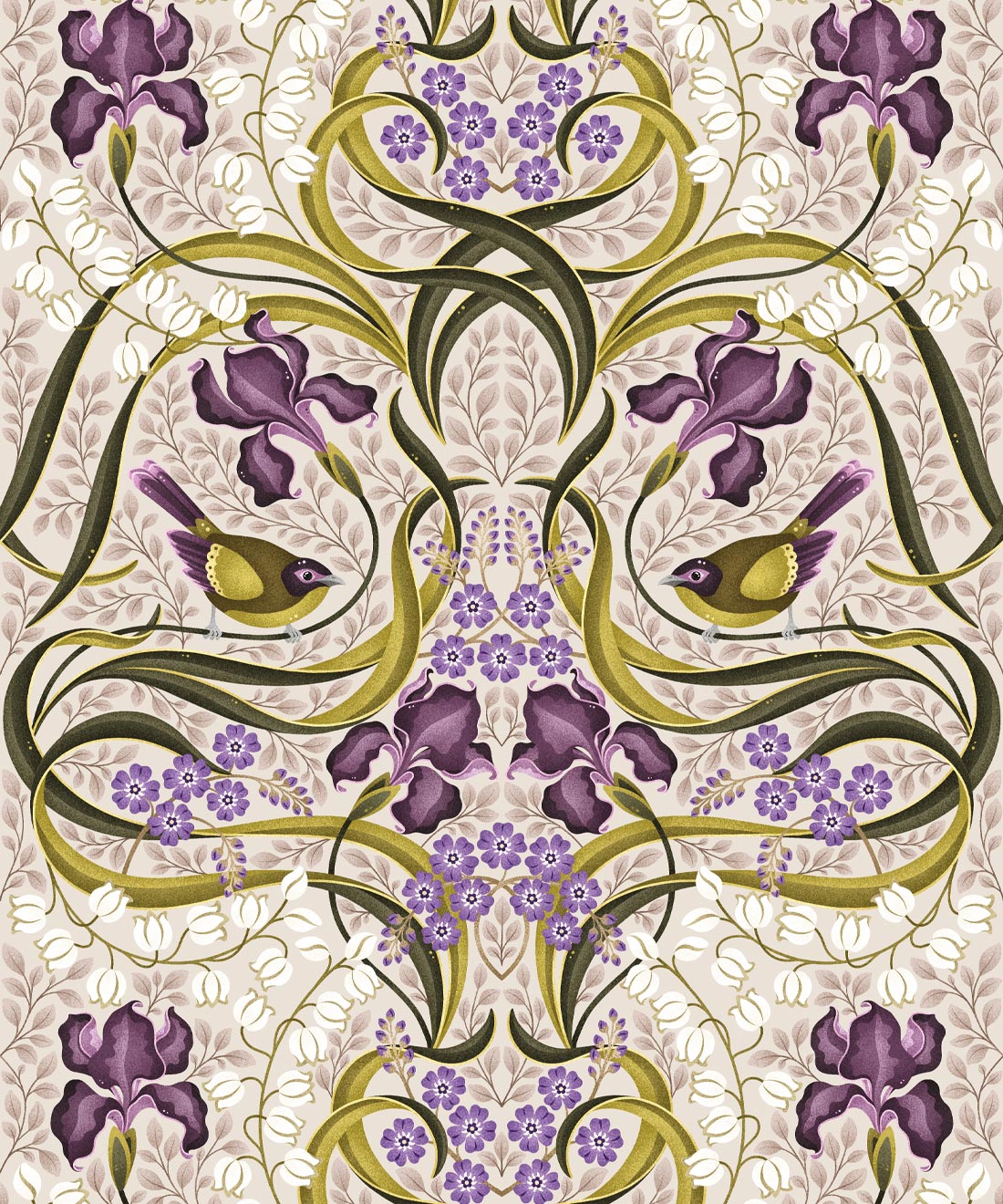 Bellbirds & Iris Wallpaper, French Lavender