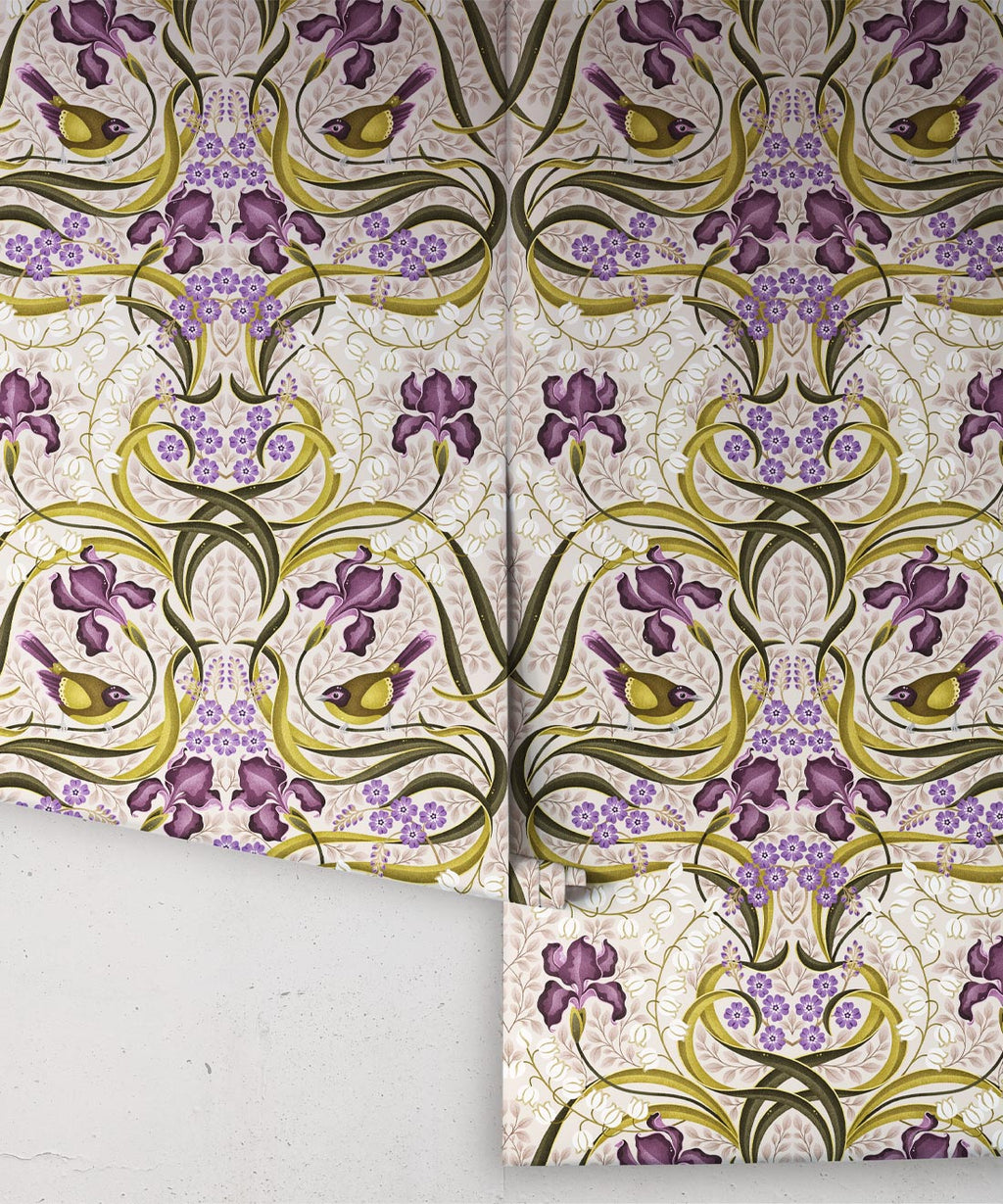 Bellbirds & Iris Wallpaper, French Lavender