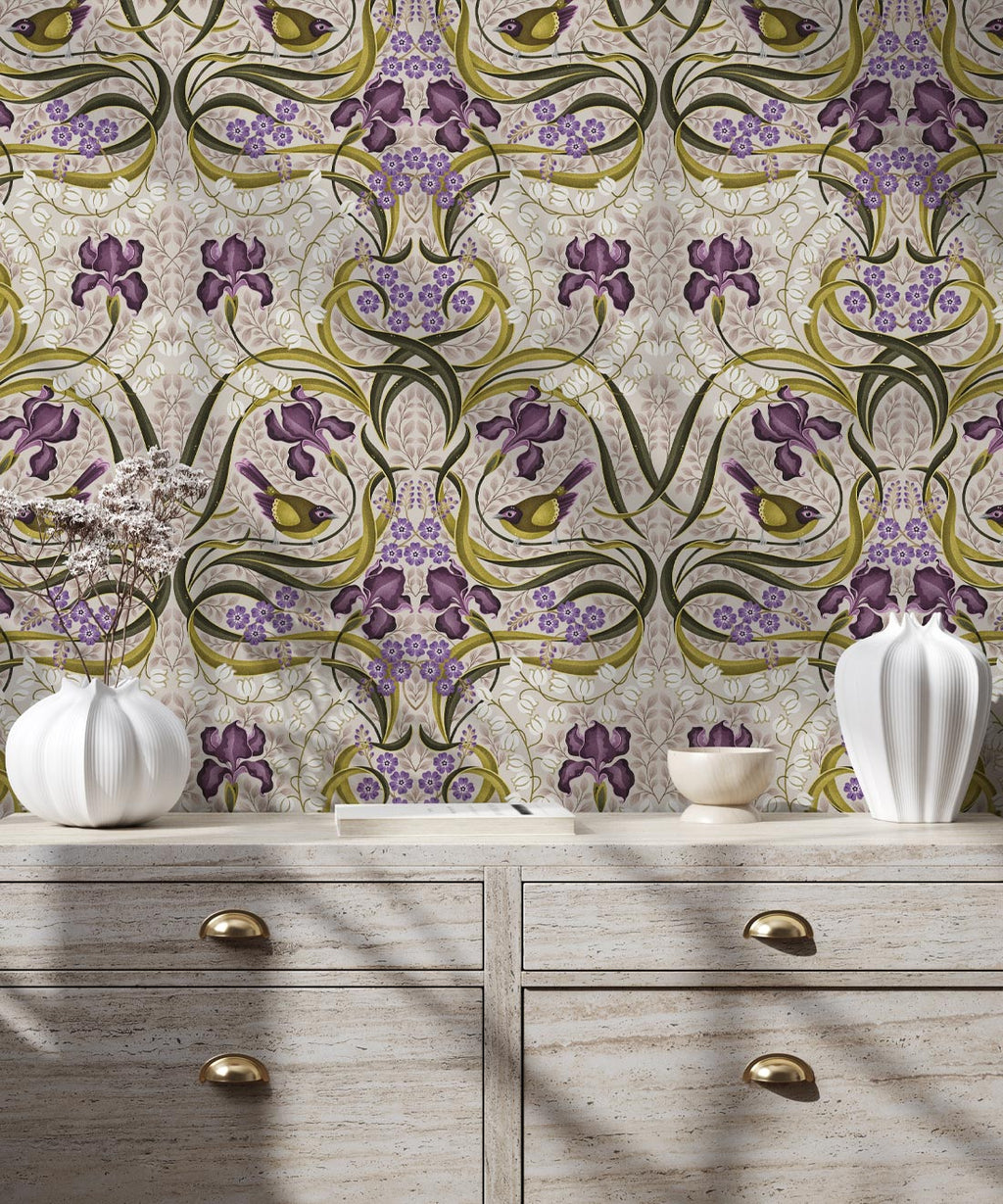 Bellbirds & Iris Wallpaper, French Lavender