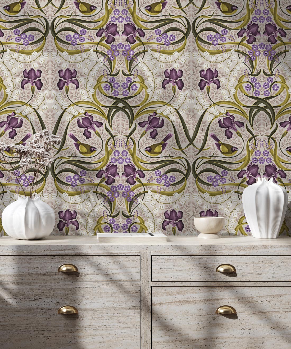 Bellbirds & Iris Wallpaper, French Lavender