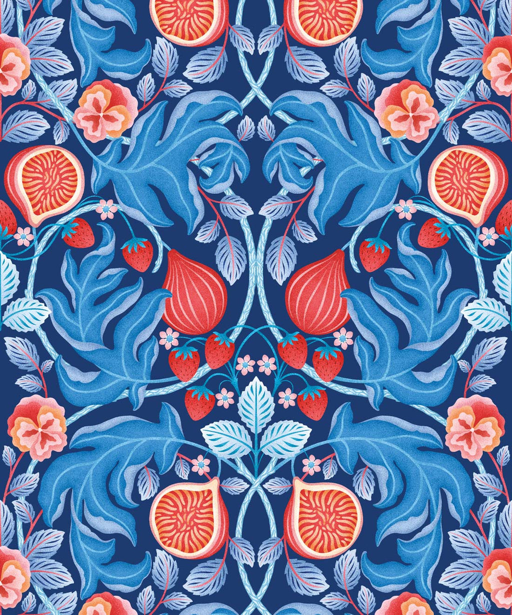 Figs & Strawberries Wallpaper, Blue & Orange