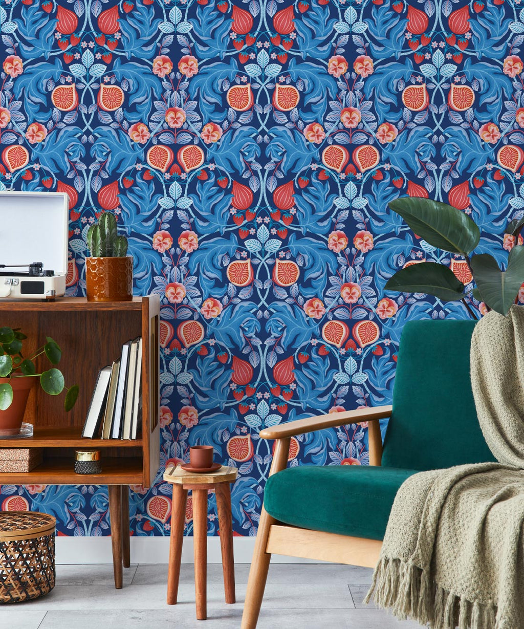 Figs & Strawberries Wallpaper, Blue & Orange