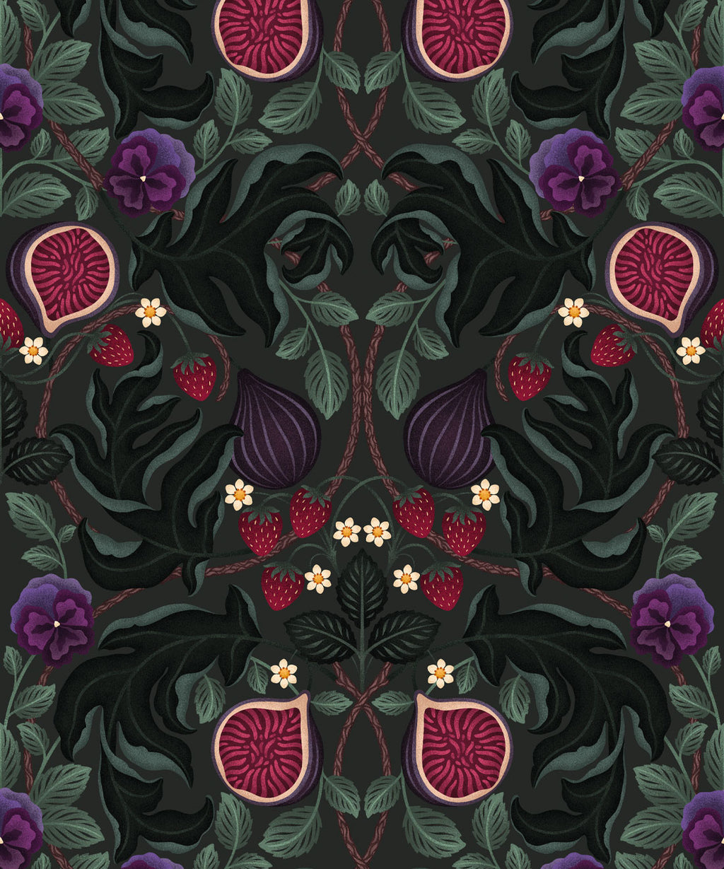 Figs & Strawberries Wallpaper, Forest Green