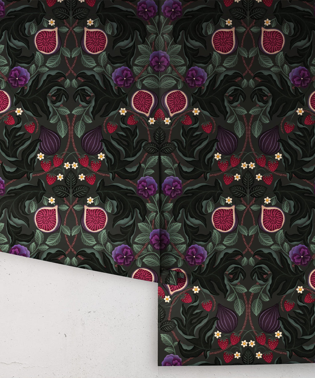 Figs & Strawberries Wallpaper, Forest Green