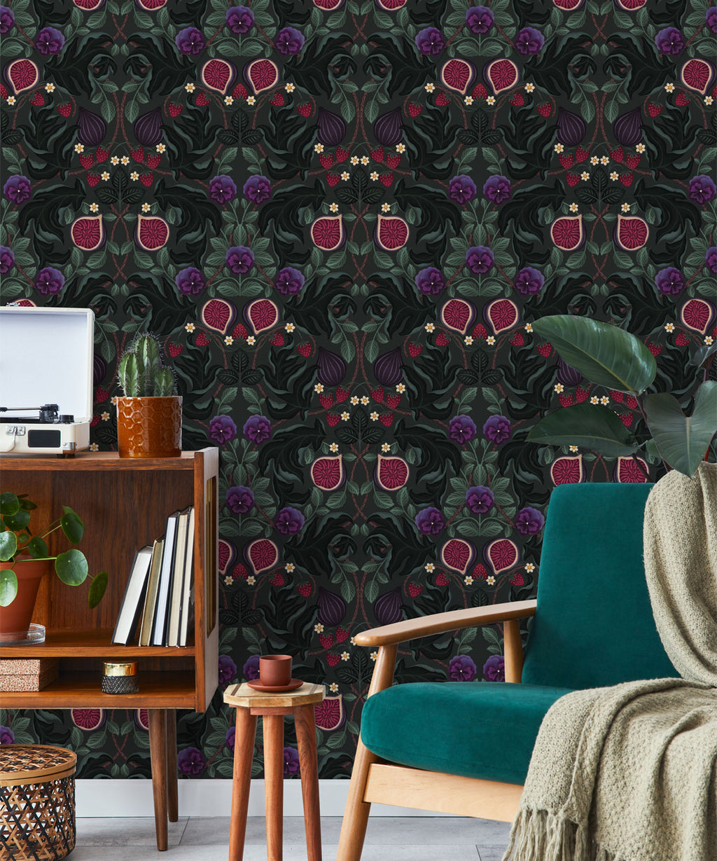 Figs & Strawberries Wallpaper, Forest Green