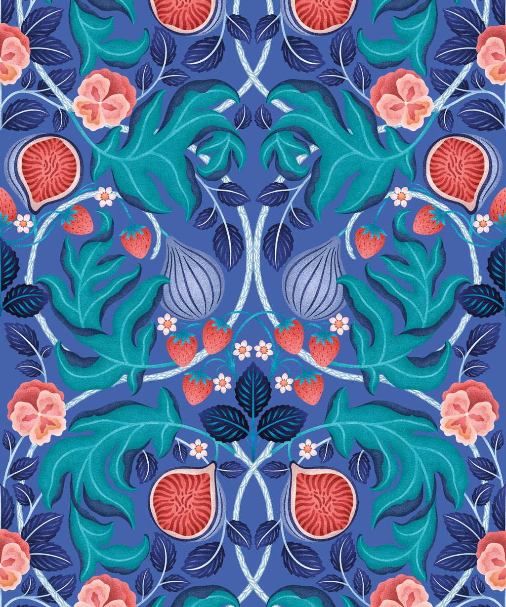 Figs & Strawberries Wallpaper, Medium Blue