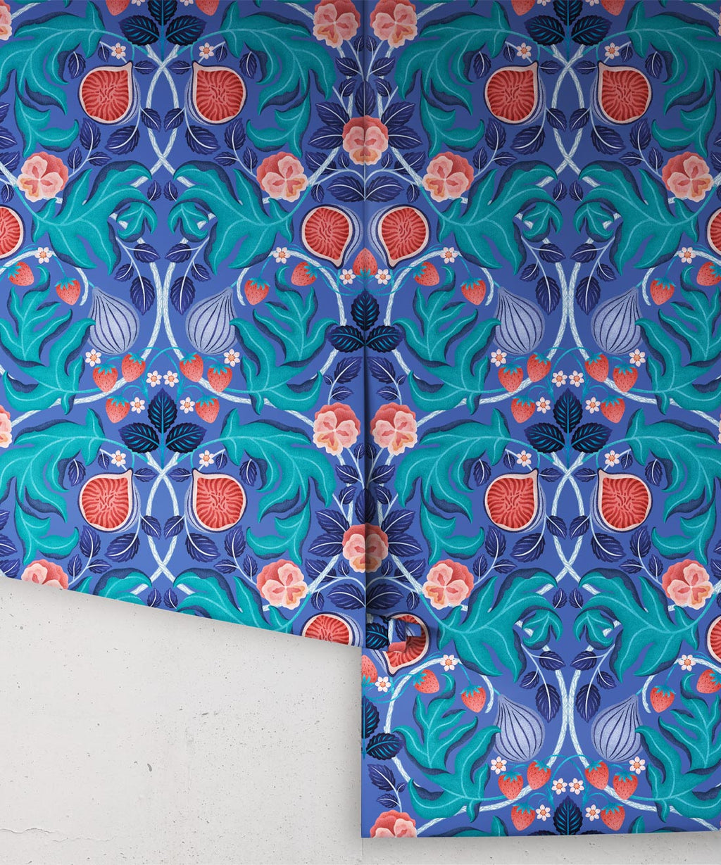 Figs & Strawberries Wallpaper, Medium Blue