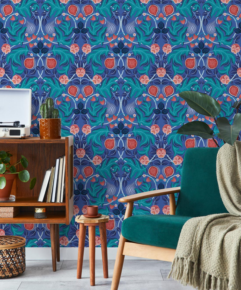 Figs & Strawberries Wallpaper, Medium Blue