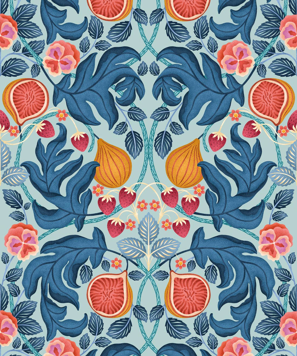 Figs & Strawberries Wallpaper, Powder Blue & Ochre